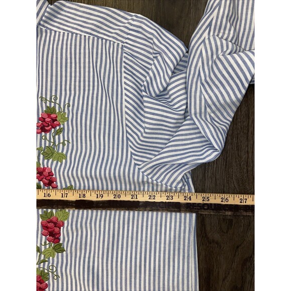 Vintage 90s BonWorth Blue White Vertical Stripe Flower Embroidered Top Sz XL - Picture 8 of 13